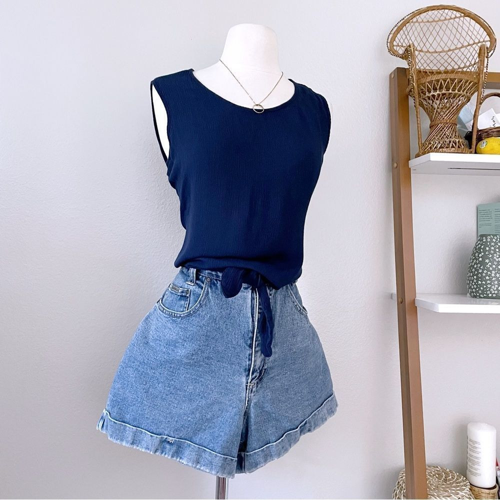 Textured Navy Blue Front Tie Top